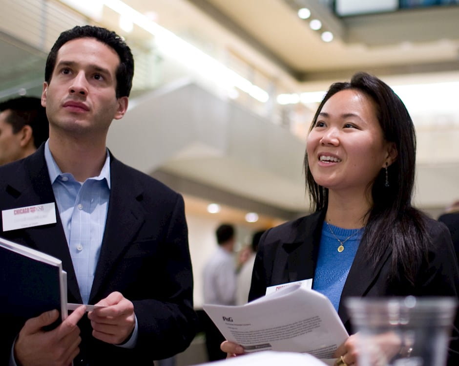 Full-Time MBA students networking at Chicago Booth Corporate Night
